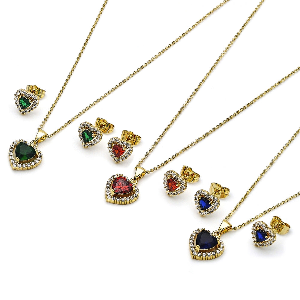 Oro Laminado Earring and Pendant Adult Set, Gold Filled Style Heart and Cluster Design, with Sapphire Blue and White Cubic Zirconia, Polished, Golden Finish