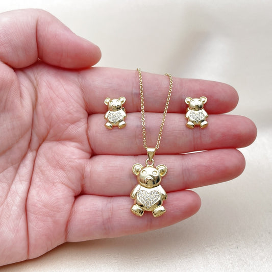 Oro Laminado Earring and Pendant Adult Set, Gold Filled Style Teddy Bear and Heart Design, with White Micro Pave, Polished, Golden Finish