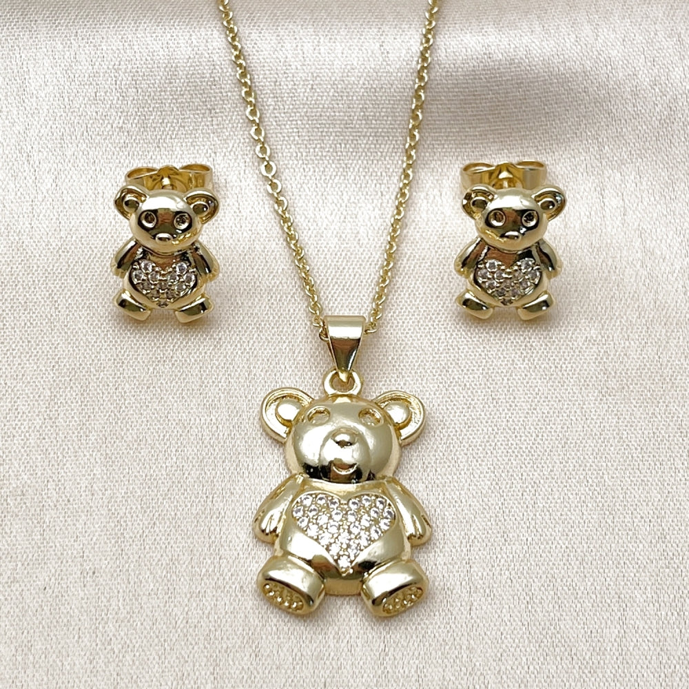 Oro Laminado Earring and Pendant Adult Set, Gold Filled Style Teddy Bear and Heart Design, with White Micro Pave, Polished, Golden Finish