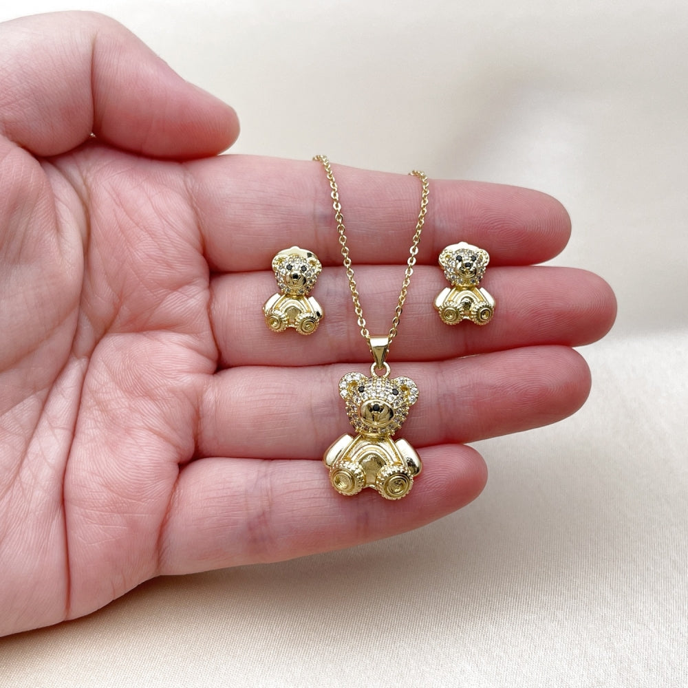 Oro Laminado Earring and Pendant Adult Set, Gold Filled Style Teddy Bear Design, with White and Black Micro Pave, Polished, Golden Finish