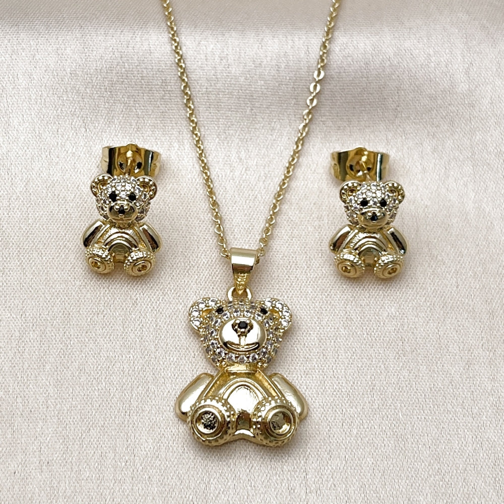Oro Laminado Earring and Pendant Adult Set, Gold Filled Style Teddy Bear Design, with White and Black Micro Pave, Polished, Golden Finish