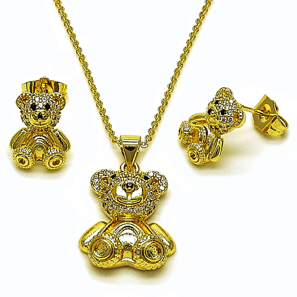 Oro Laminado Earring and Pendant Adult Set, Gold Filled Style Teddy Bear Design, with White and Black Micro Pave, Polished, Golden Finish