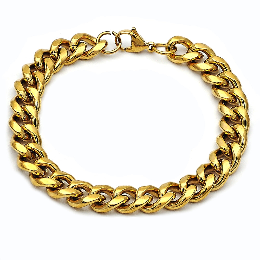 Stainless Steel Basic Bracelet, Miami Cuban Design, Polished, Golden Finish