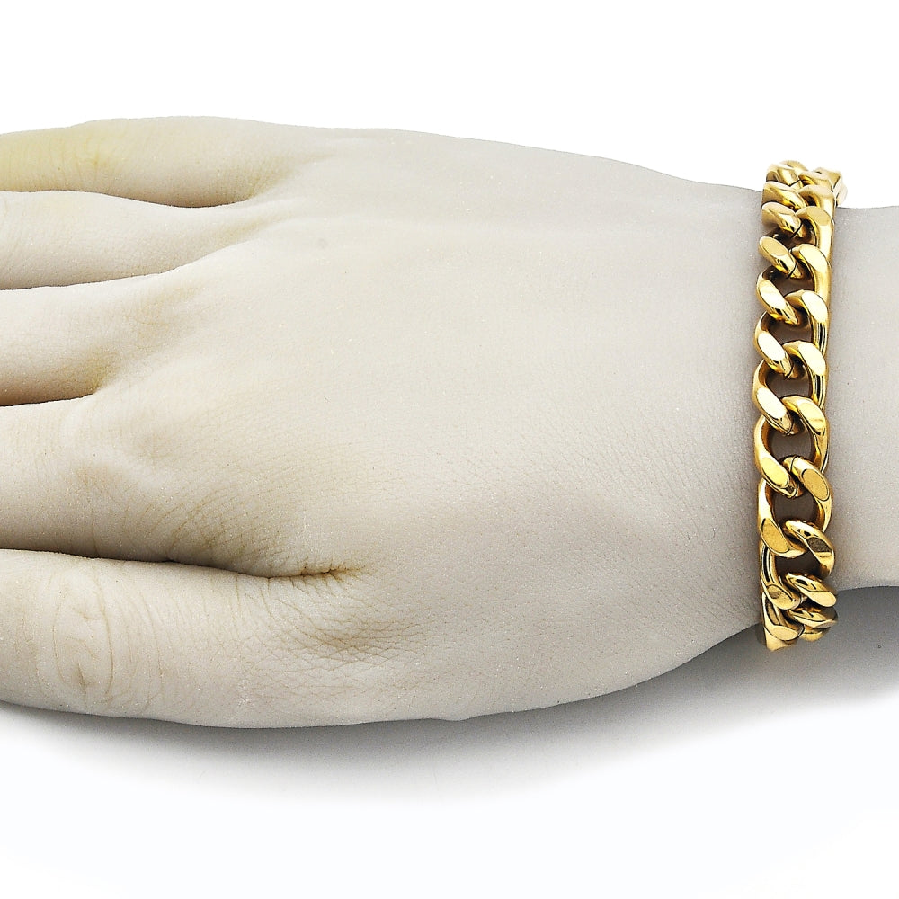Stainless Steel Basic Bracelet, Miami Cuban Design, Polished, Golden Finish