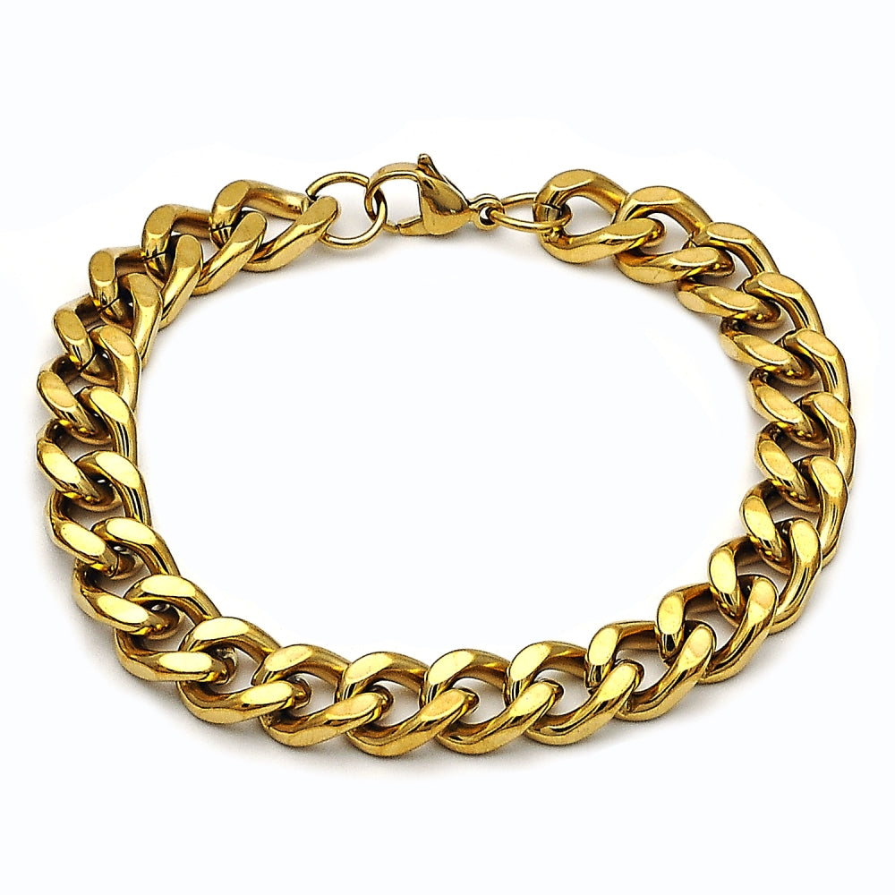 Stainless Steel Basic Bracelet, Miami Cuban Design, Polished, Golden Finish