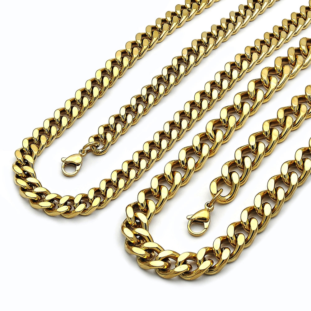 Stainless Steel Necklace and Bracelet, Miami Cuban Design, Polished, Golden Finish