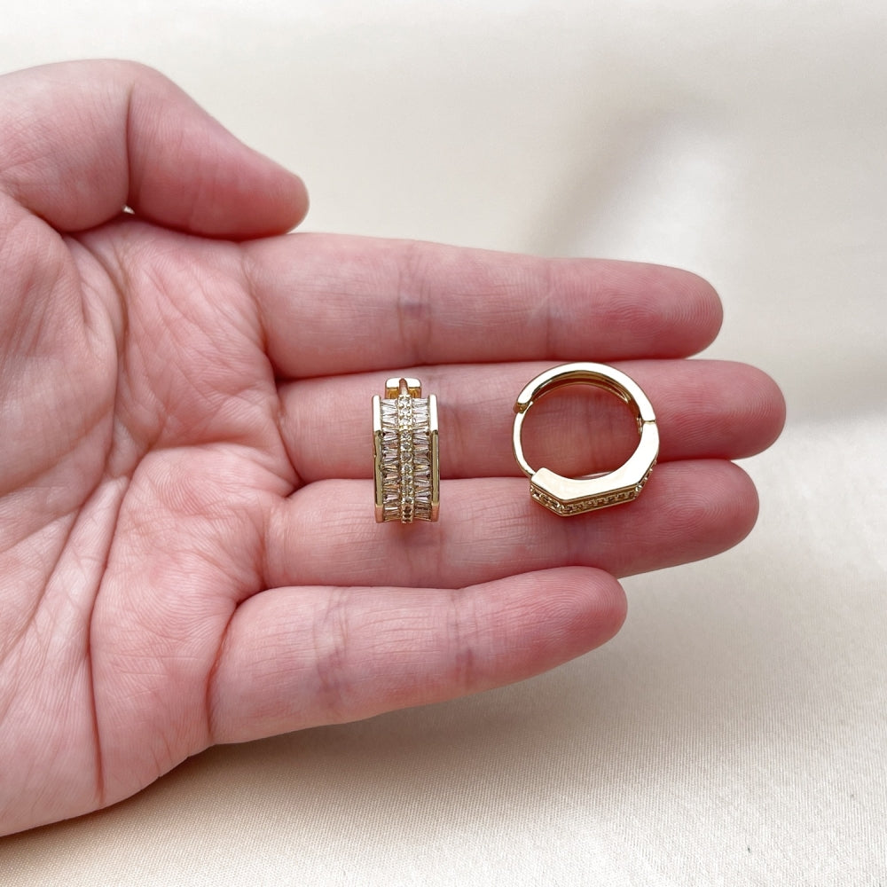 Oro Laminado Huggie Hoop, Gold Filled Style Baguette Design, with White Cubic Zirconia and White Micro Pave, Polished, Golden Finish