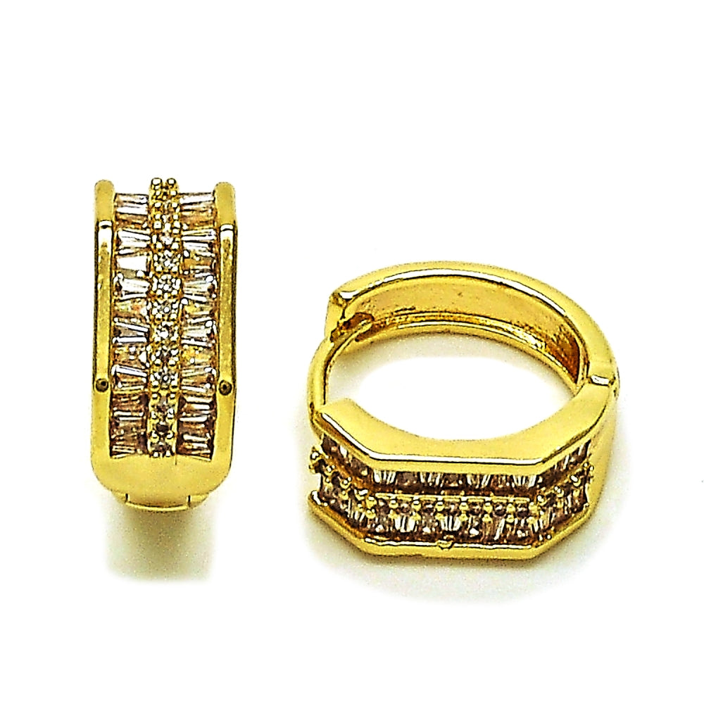 Oro Laminado Huggie Hoop, Gold Filled Style Baguette Design, with White Cubic Zirconia and White Micro Pave, Polished, Golden Finish