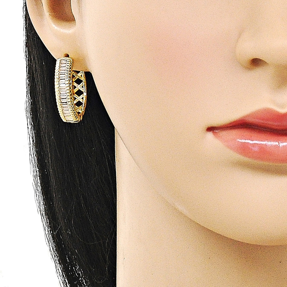 Oro Laminado Huggie Hoop, Gold Filled Style Baguette and Cluster Design, with White Cubic Zirconia and White Micro Pave, Polished, Golden Finish