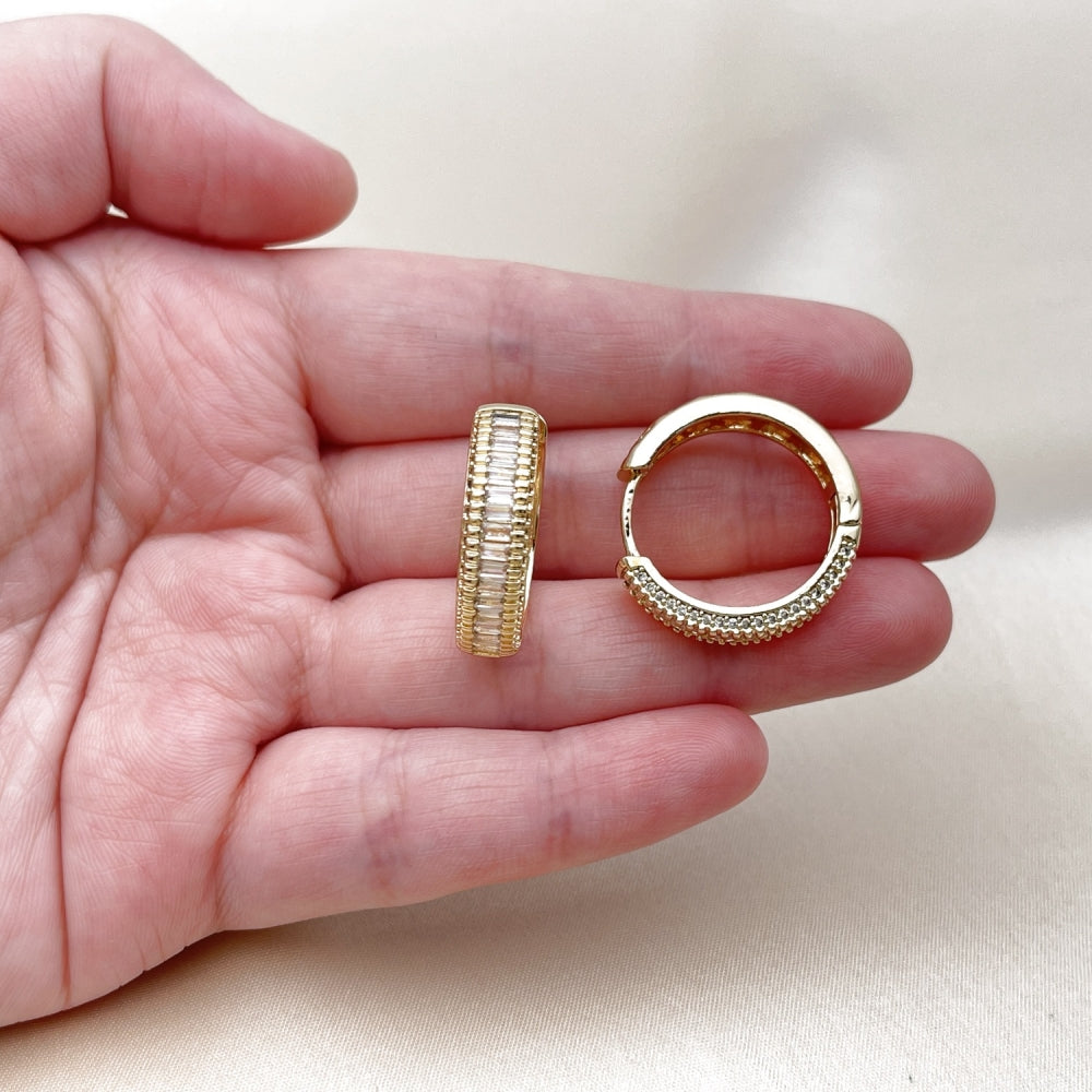 Oro Laminado Huggie Hoop, Gold Filled Style Baguette and Cluster Design, with White Cubic Zirconia and White Micro Pave, Polished, Golden Finish