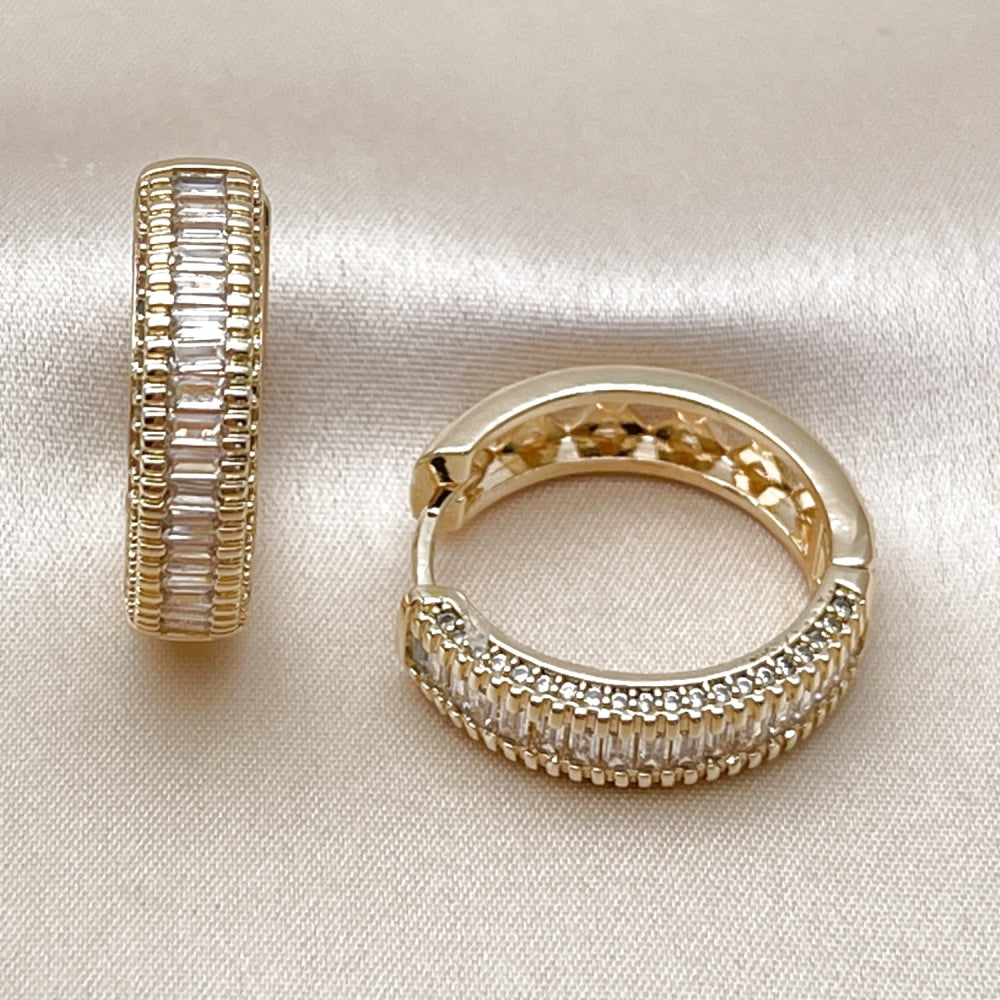 Oro Laminado Huggie Hoop, Gold Filled Style Baguette and Cluster Design, with White Cubic Zirconia and White Micro Pave, Polished, Golden Finish