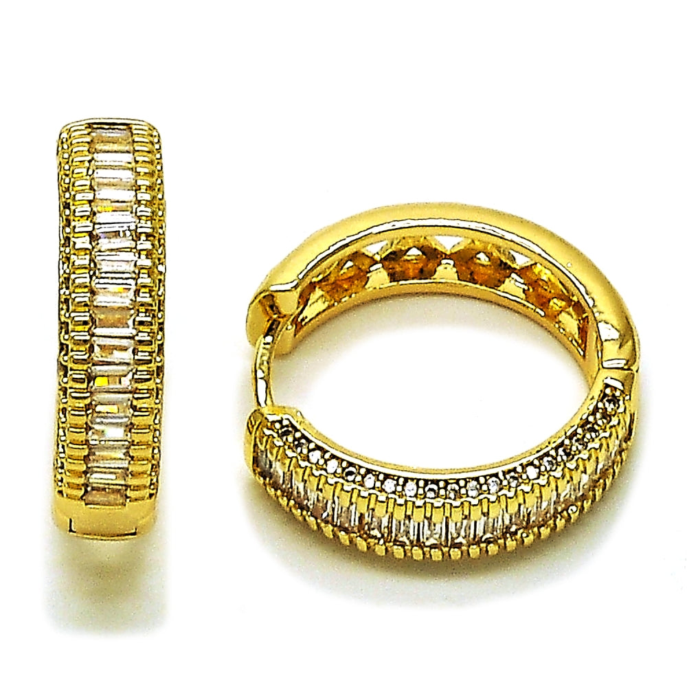Oro Laminado Huggie Hoop, Gold Filled Style Baguette and Cluster Design, with White Cubic Zirconia and White Micro Pave, Polished, Golden Finish