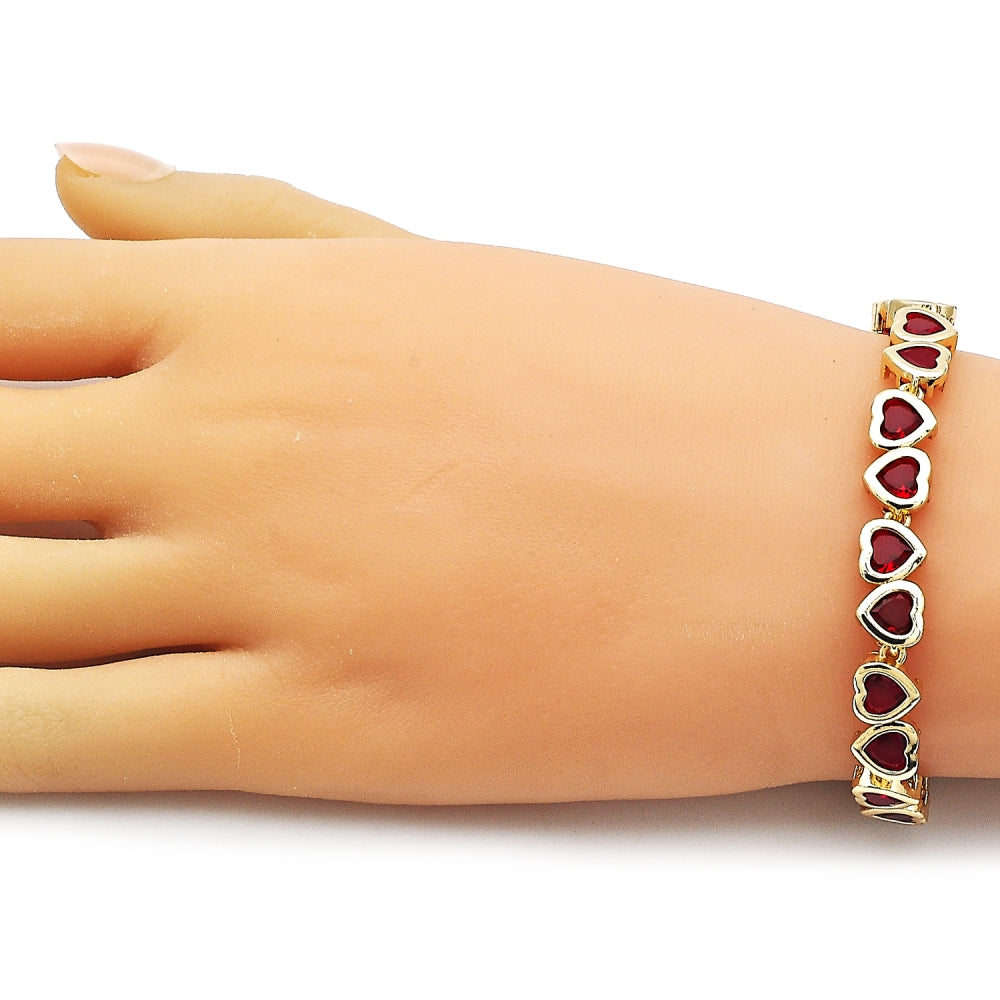 Oro Laminado Tennis Bracelet, Gold Filled Style Heart Design, with Garnet Cubic Zirconia, Polished, Golden Finish
