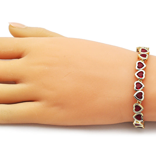 Oro Laminado Tennis Bracelet, Gold Filled Style Heart Design, with Garnet Cubic Zirconia, Polished, Golden Finish