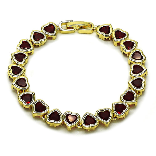 Oro Laminado Tennis Bracelet, Gold Filled Style Heart Design, with Garnet Cubic Zirconia, Polished, Golden Finish