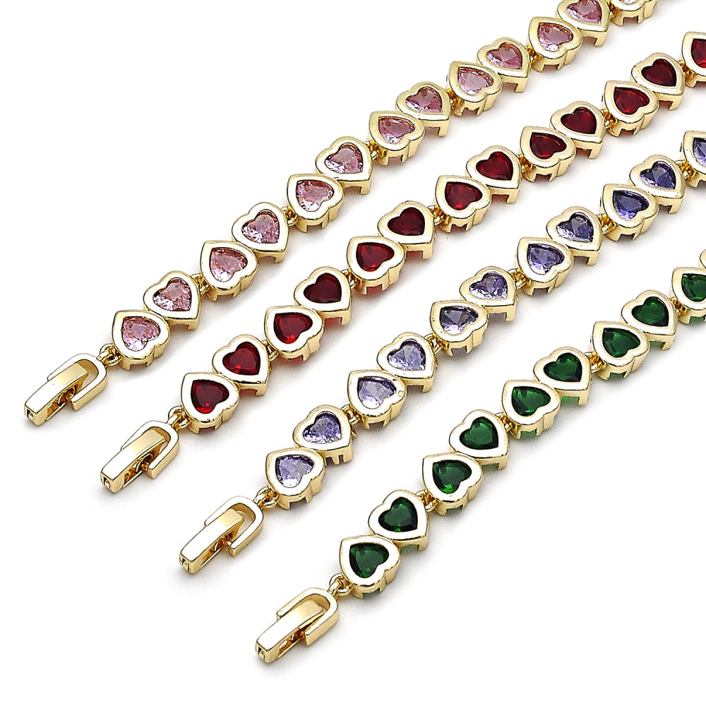 Oro Laminado Tennis Bracelet, Gold Filled Style Heart Design, with Garnet Cubic Zirconia, Polished, Golden Finish