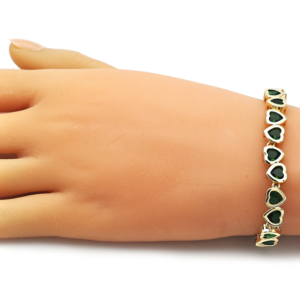 Oro Laminado Tennis Bracelet, Gold Filled Style Heart Design, with Green Cubic Zirconia, Polished, Golden Finish