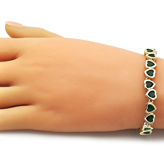 Oro Laminado Tennis Bracelet, Gold Filled Style Heart Design, with Green Cubic Zirconia, Polished, Golden Finish