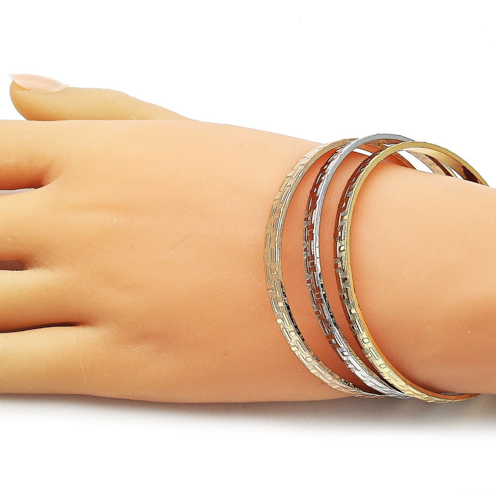 Oro Laminado Trio Bangle, Gold Filled Style Greek Key Design, Diamond Cutting Finish, Tricolor