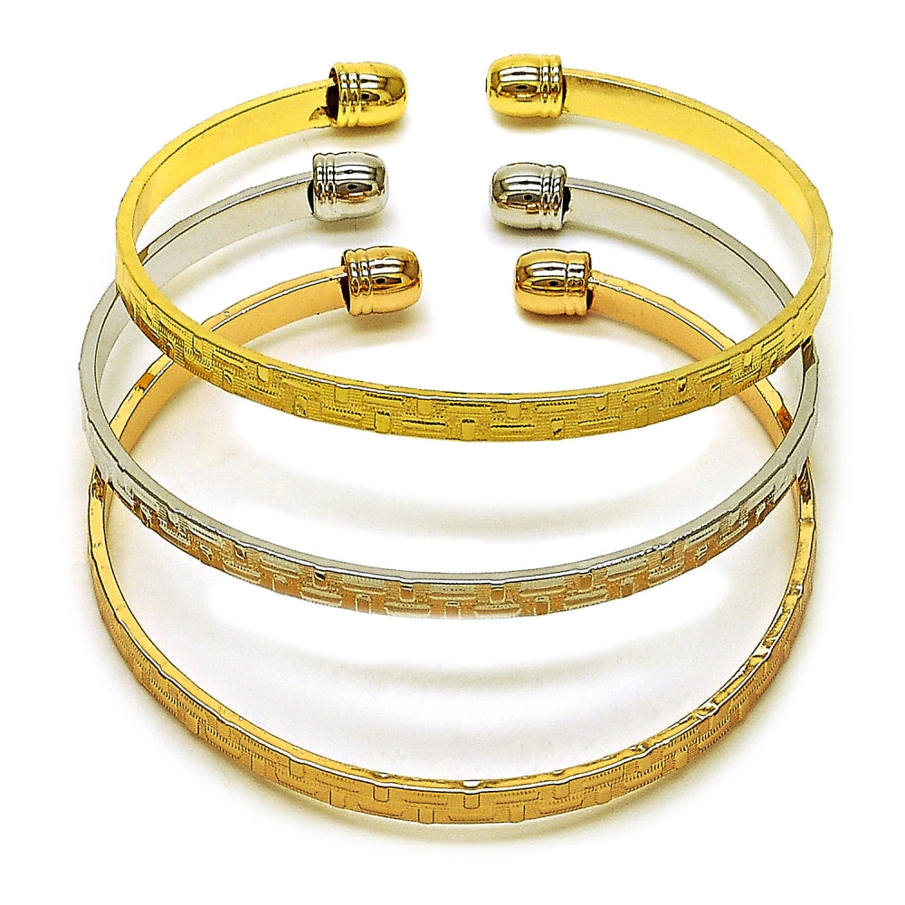 Oro Laminado Trio Bangle, Gold Filled Style Greek Key Design, Diamond Cutting Finish, Tricolor