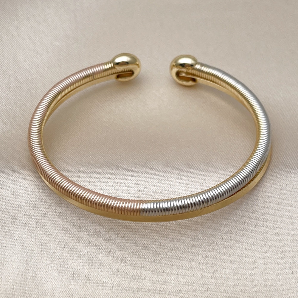 Oro Laminado Individual Bangle, Gold Filled Style Twist Design, Polished, Tricolor