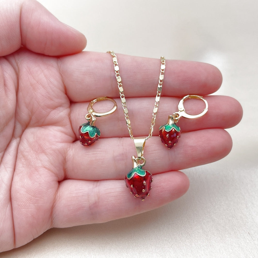 Oro Laminado Earring and Pendant Adult Set, Gold Filled Style Strawberry Design, Red Enamel Finish, Golden Finish