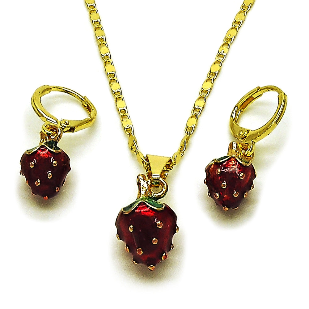 Oro Laminado Earring and Pendant Adult Set, Gold Filled Style Strawberry Design, Red Enamel Finish, Golden Finish