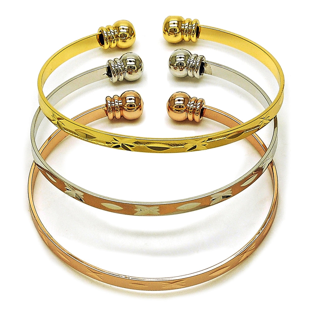 Oro Laminado Trio Bangle, Gold Filled Style Diamond Cutting Finish, Tricolor
