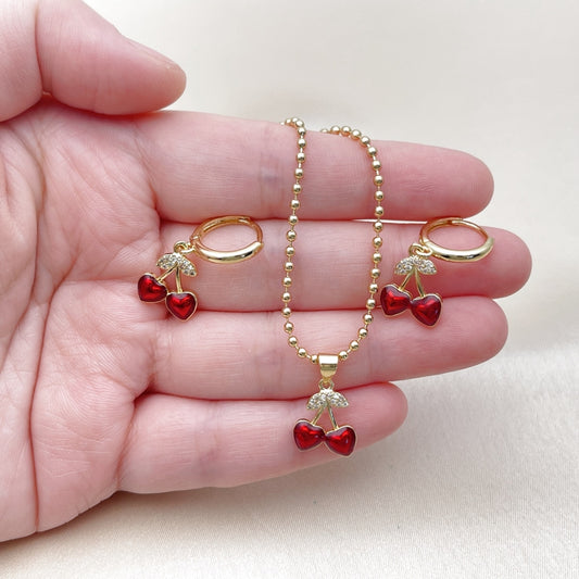 Oro Laminado Earring and Pendant Adult Set, Gold Filled Style Cherry Design, with White Micro Pave, Red Enamel Finish, Golden Finish