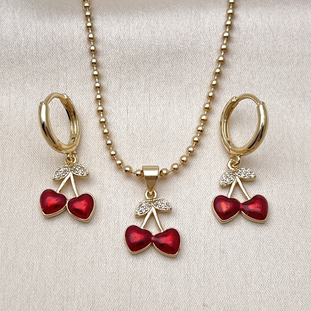 Oro Laminado Earring and Pendant Adult Set, Gold Filled Style Cherry Design, with White Micro Pave, Red Enamel Finish, Golden Finish