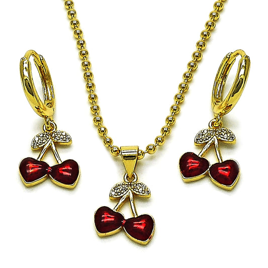 Oro Laminado Earring and Pendant Adult Set, Gold Filled Style Cherry Design, with White Micro Pave, Red Enamel Finish, Golden Finish