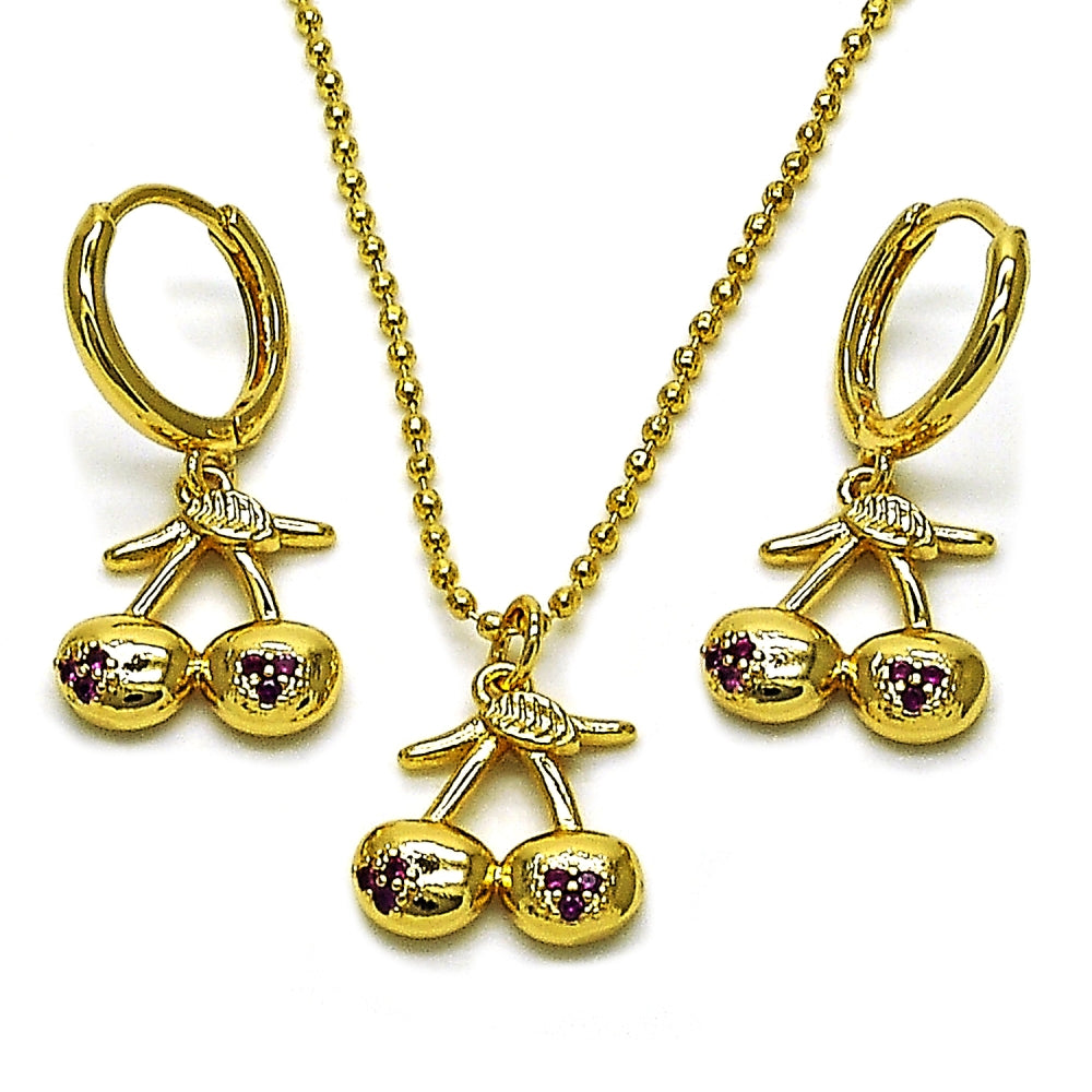 Oro Laminado Earring and Pendant Adult Set, Gold Filled Style Cherry Design, with Ruby Micro Pave, Polished, Golden Finish