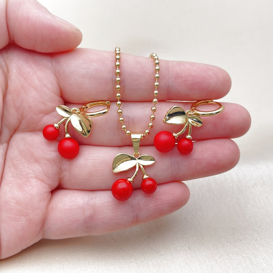 Oro Laminado Earring and Pendant Adult Set, Gold Filled Style Cherry Design, with Garnet Pearl, Polished, Golden Finish