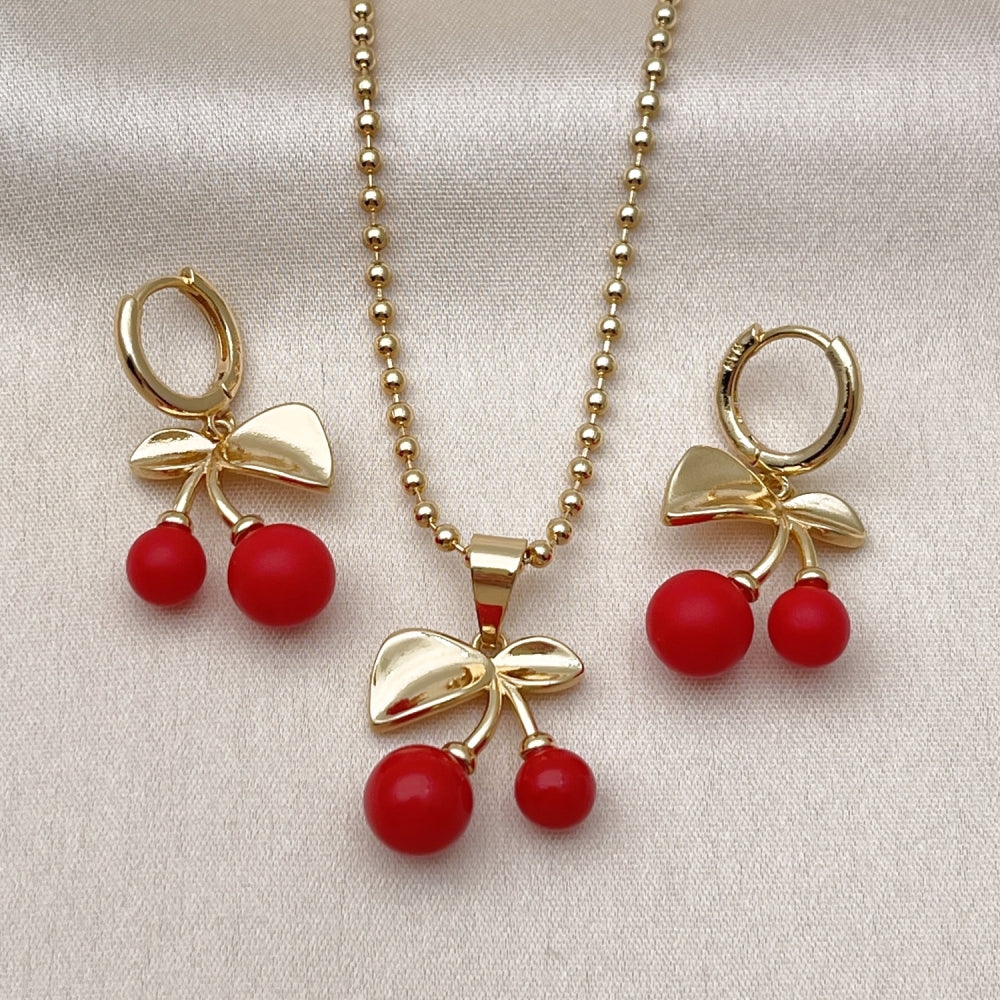 Oro Laminado Earring and Pendant Adult Set, Gold Filled Style Cherry Design, with Garnet Pearl, Polished, Golden Finish