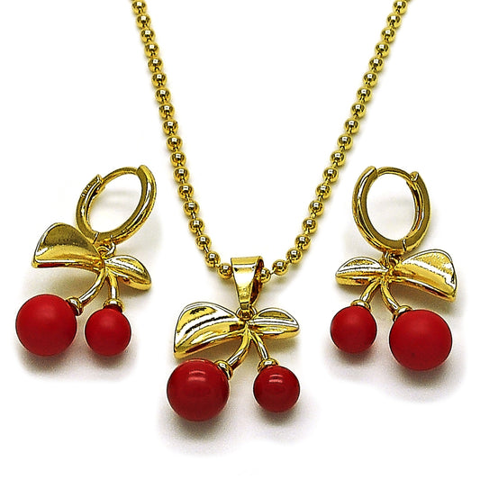 Oro Laminado Earring and Pendant Adult Set, Gold Filled Style Cherry Design, with Garnet Pearl, Polished, Golden Finish