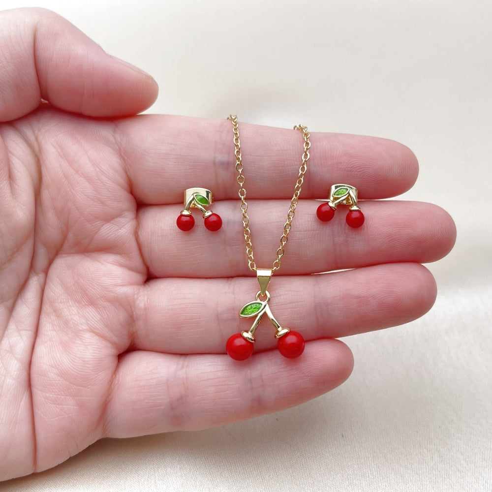 Oro Laminado Earring and Pendant Adult Set, Gold Filled Style Cherry Design, with Garnet Pearl, Polished, Golden Finish