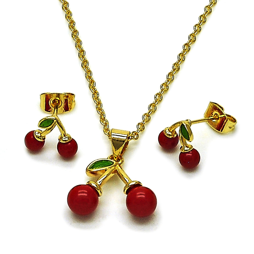 Oro Laminado Earring and Pendant Adult Set, Gold Filled Style Cherry Design, with Garnet Pearl, Polished, Golden Finish