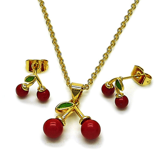Oro Laminado Earring and Pendant Adult Set, Gold Filled Style Cherry Design, with Garnet Pearl, Polished, Golden Finish