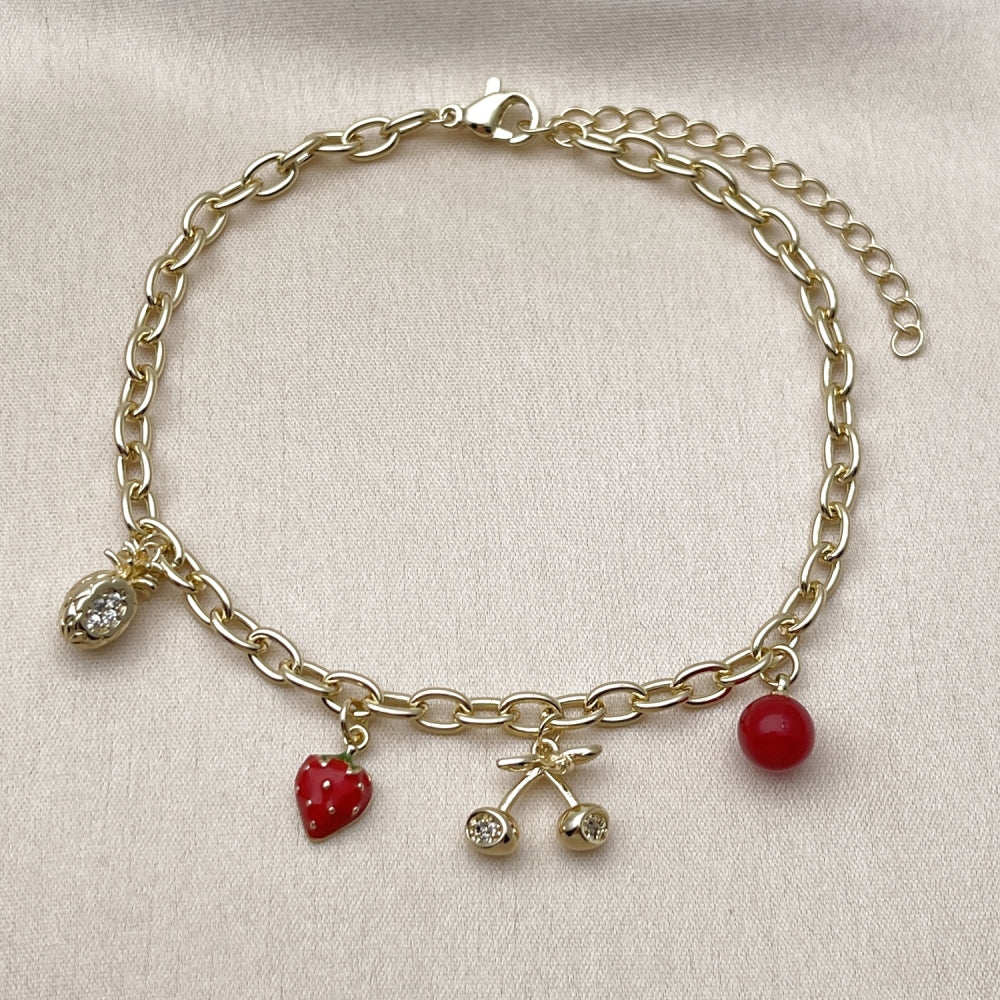 Oro Laminado Charm Anklet , Gold Filled Style Rolo and Pineapple Design, with White Micro Pave and Garnet Pearl, Red Enamel Finish, Golden Finish