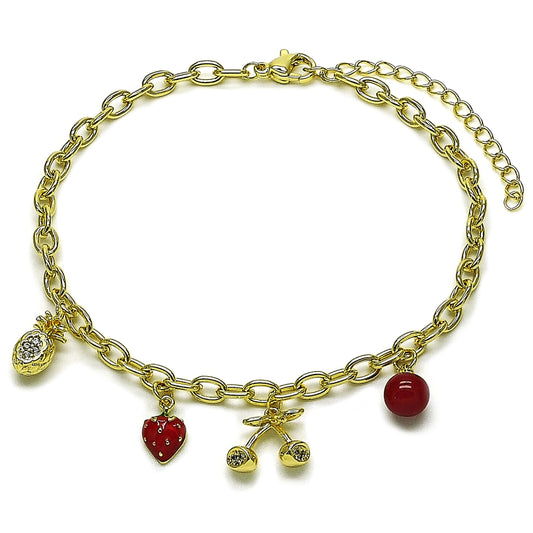 Oro Laminado Charm Anklet , Gold Filled Style Rolo and Pineapple Design, with White Micro Pave and Garnet Pearl, Red Enamel Finish, Golden Finish