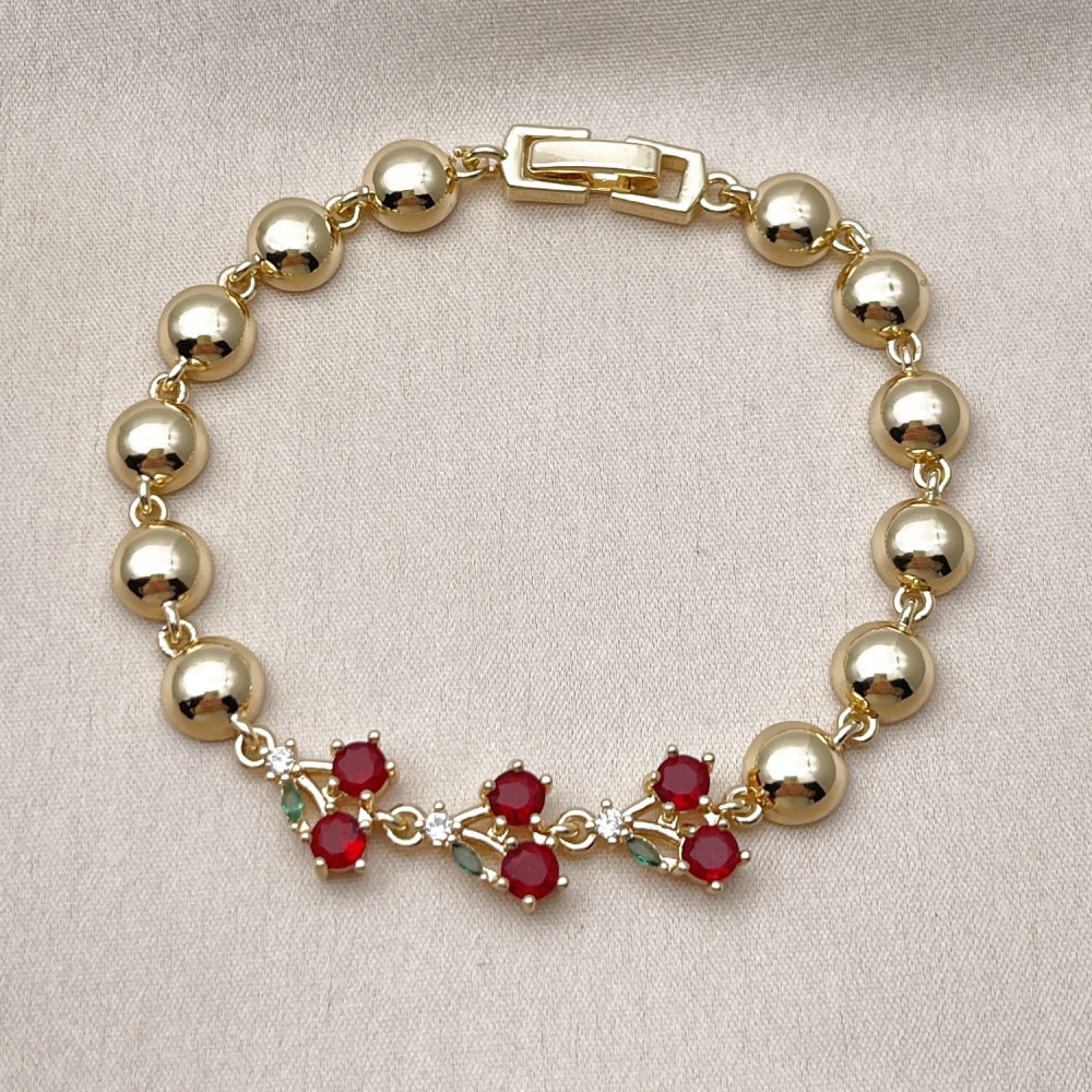 Oro Laminado Fancy Bracelet, Gold Filled Style Cherry and Ball Design, with Garnet and Green Cubic Zirconia, Polished, Golden Finish