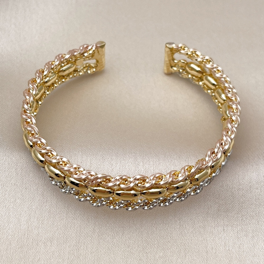 Oro Laminado Individual Bangle, Gold Filled Style Twist and Ball Design, Polished, Tricolor