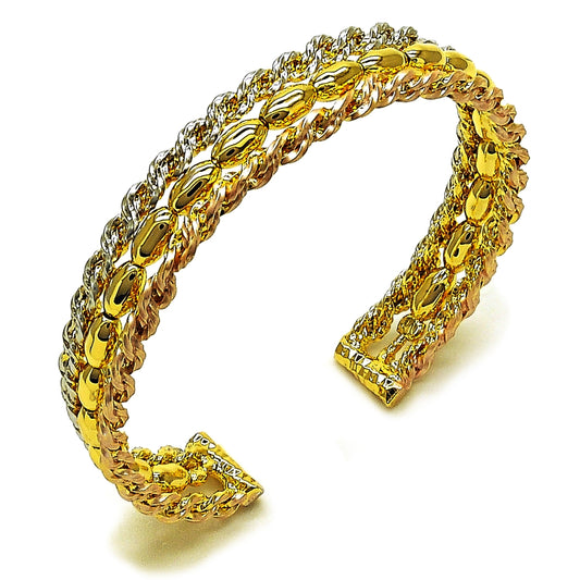 Oro Laminado Individual Bangle, Gold Filled Style Twist and Ball Design, Polished, Tricolor