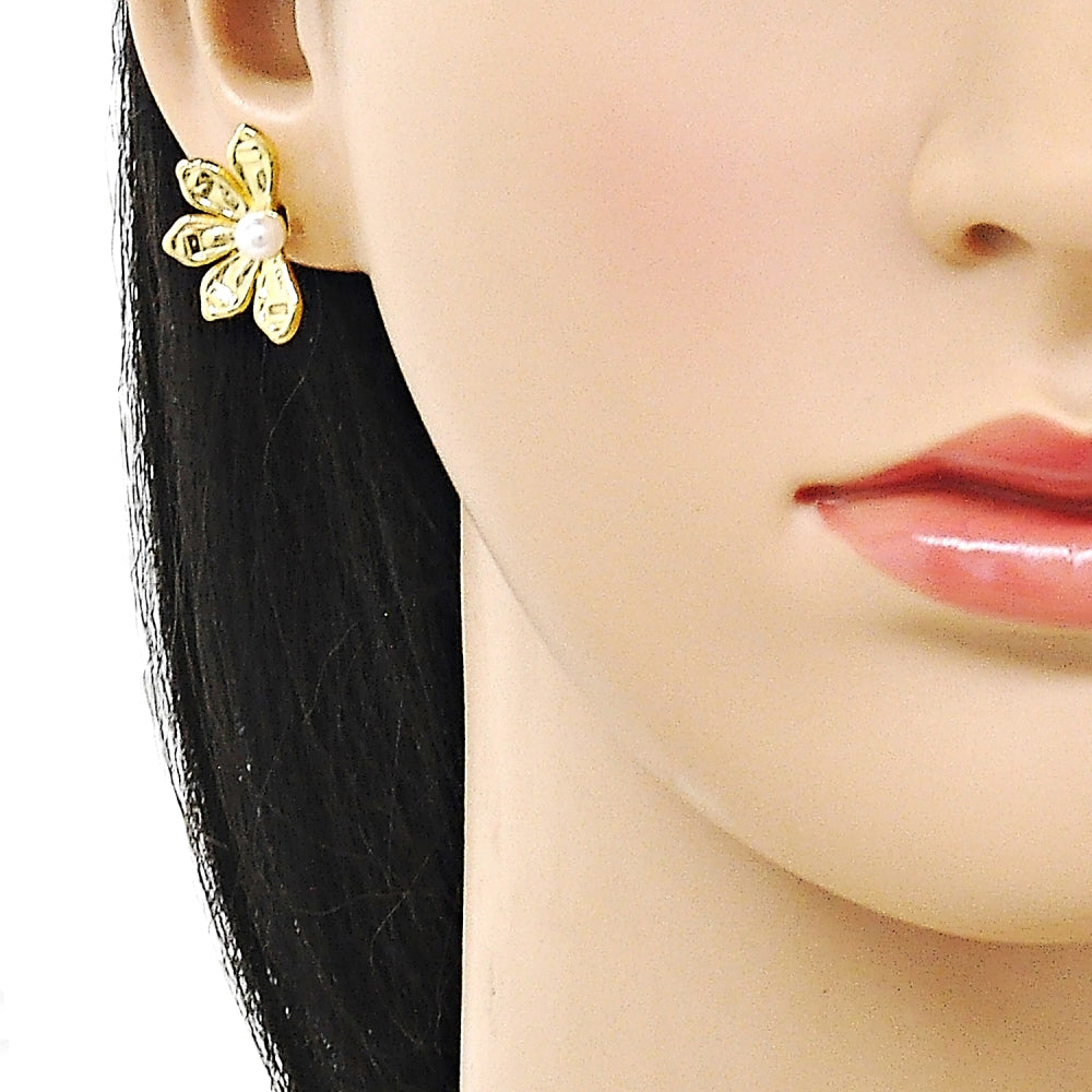 Oro Laminado Stud Earring, Gold Filled Style Flower and Ball Design, with Ivory Pearl, Polished, Golden Finish