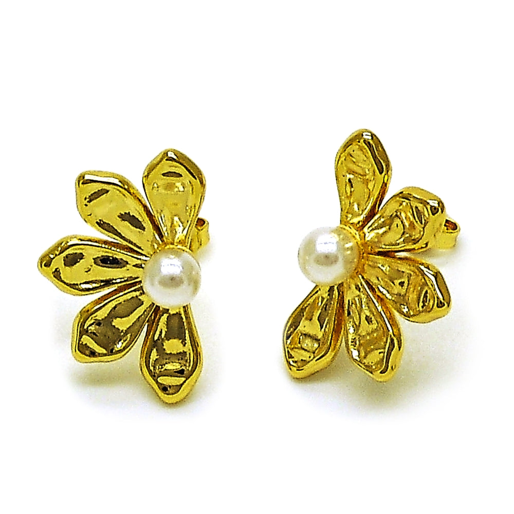 Oro Laminado Stud Earring, Gold Filled Style Flower and Ball Design, with Ivory Pearl, Polished, Golden Finish