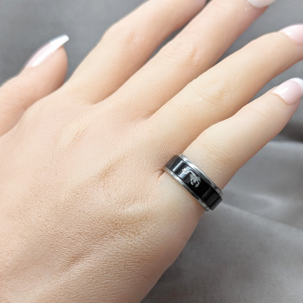 Stainless Steel Mens Ring, Four-leaf Clover and Scorpion Design, Black Enamel Finish, Steel Finish