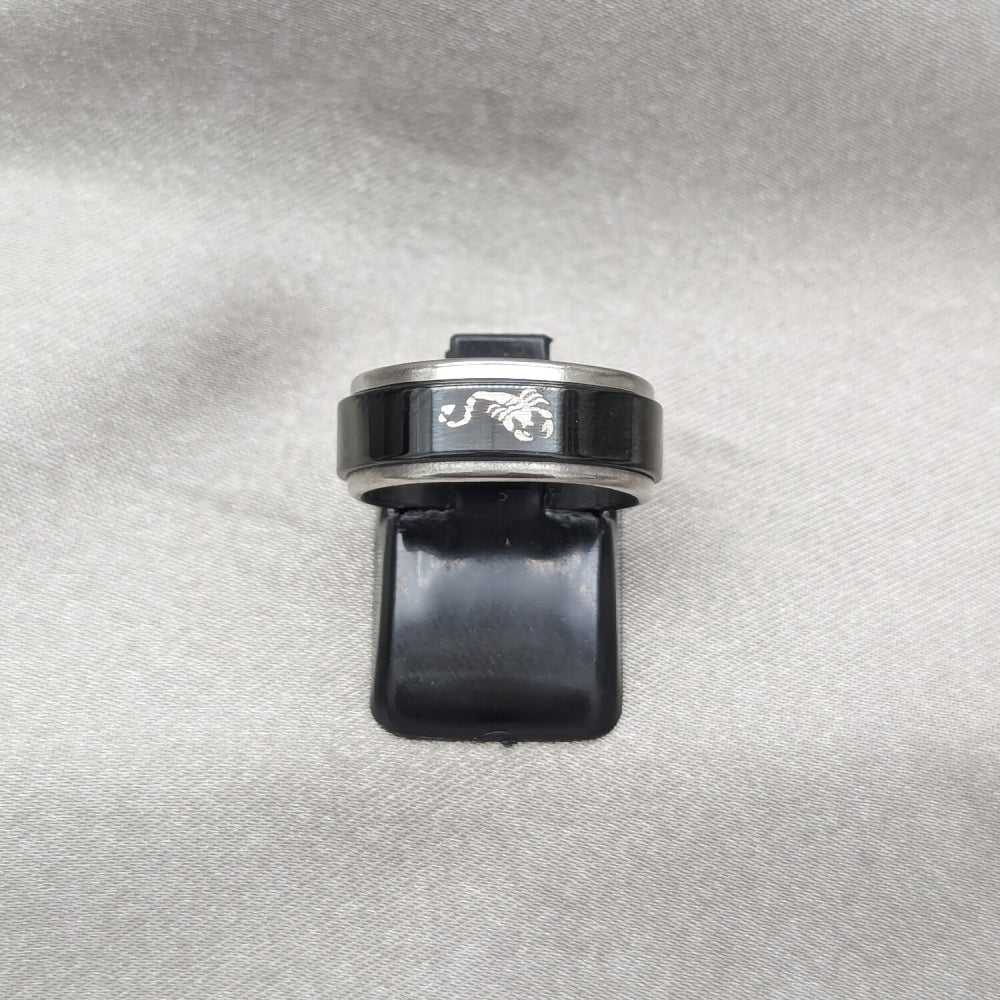 Stainless Steel Mens Ring, Four-leaf Clover and Scorpion Design, Black Enamel Finish, Steel Finish
