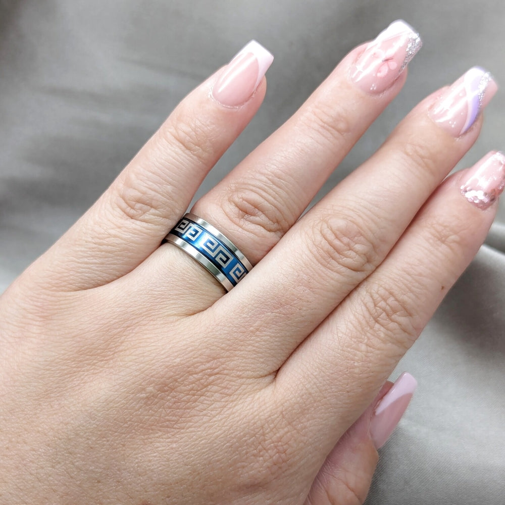Stainless Steel Mens Ring, Triple Design, Blue Enamel Finish, Steel Finish