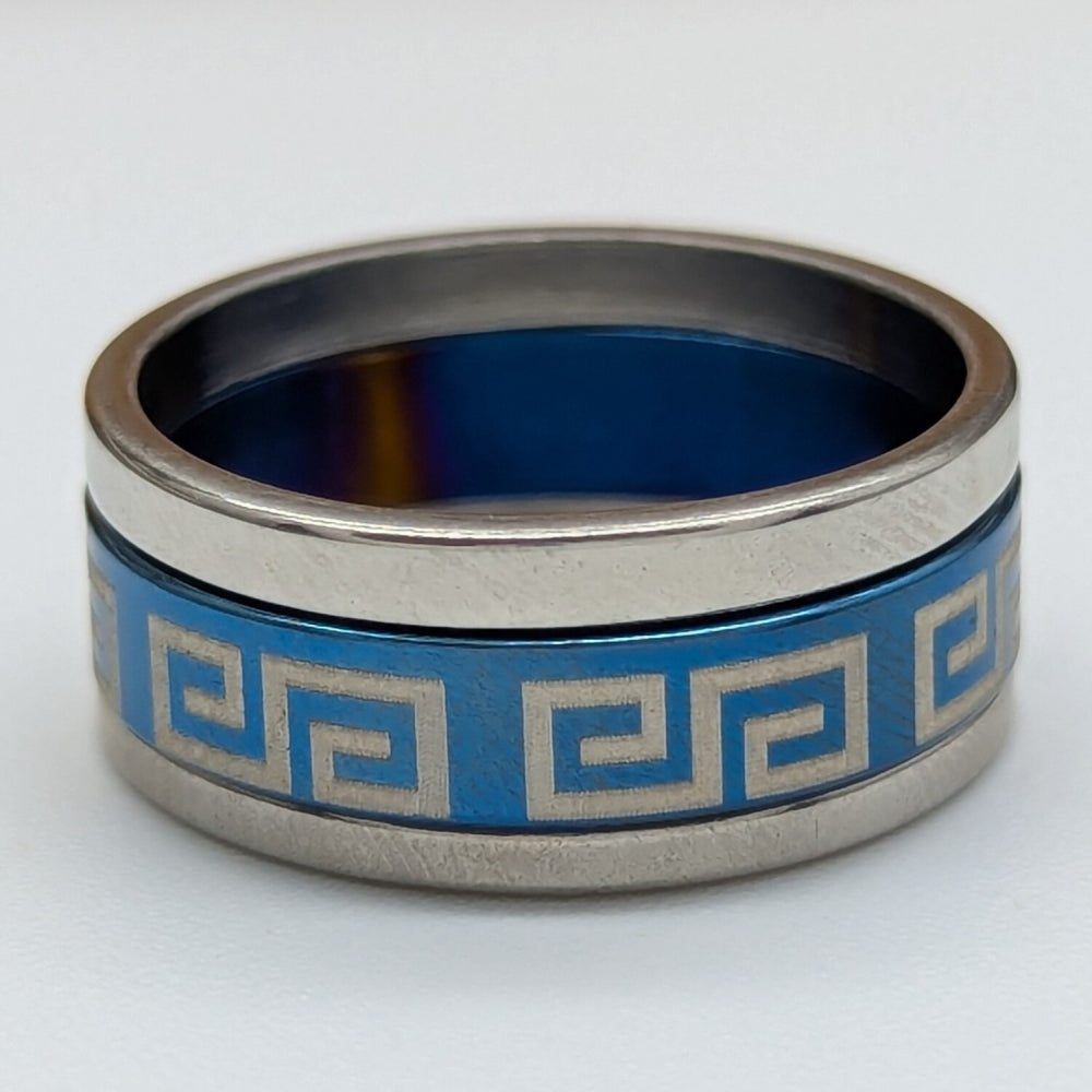 Stainless Steel Mens Ring, Triple Design, Blue Enamel Finish, Steel Finish