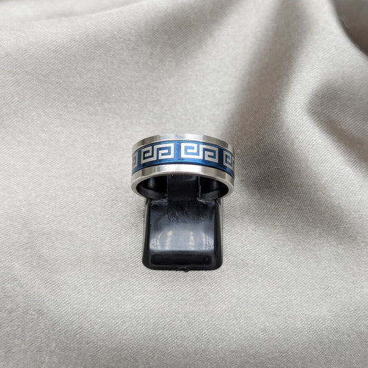 Stainless Steel Mens Ring, Triple Design, Blue Enamel Finish, Steel Finish
